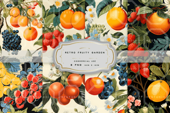 Download RETRO FRUITY GARDEN. Seamless Patterns - Fruit Collection